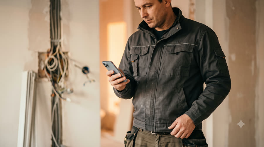 Szakiparos a helyszínen, telefonon készíti az ajánlatot